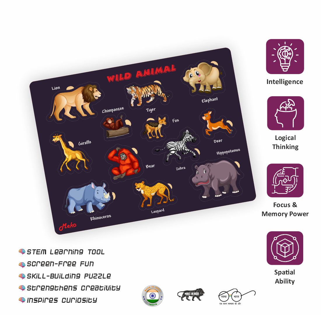 Meko Wild Animals Wooden Learning Puzzle Board
