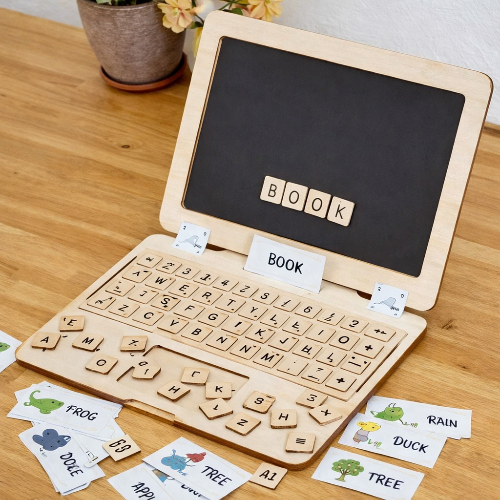 Wooden Kids Learning Laptop Alphabet Puzzle Toy